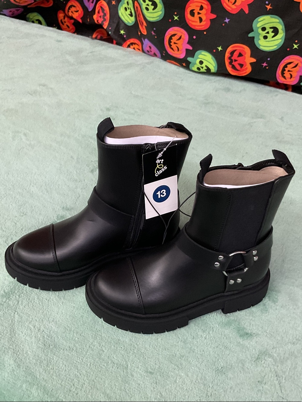 art class Black Kids Moto Ankle Boots with Ring Accent